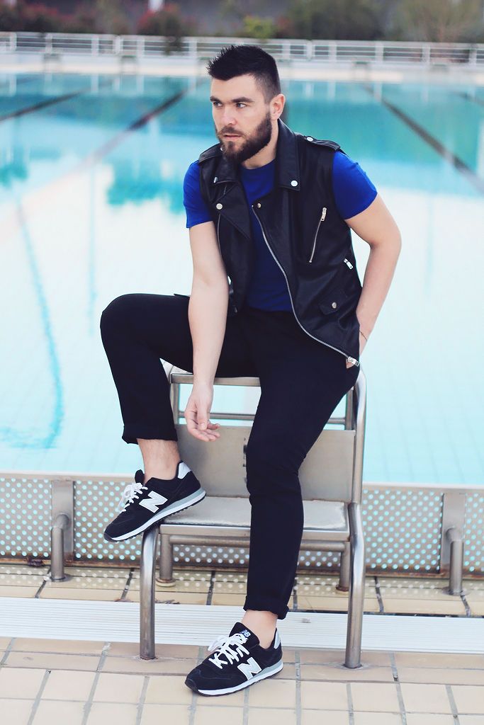 man, fashion, street style, mens fashion, blogger, lookbook, summer 2014, leather vest, blue T-shirt, black pants, new balance, asos, topman, zara 2
