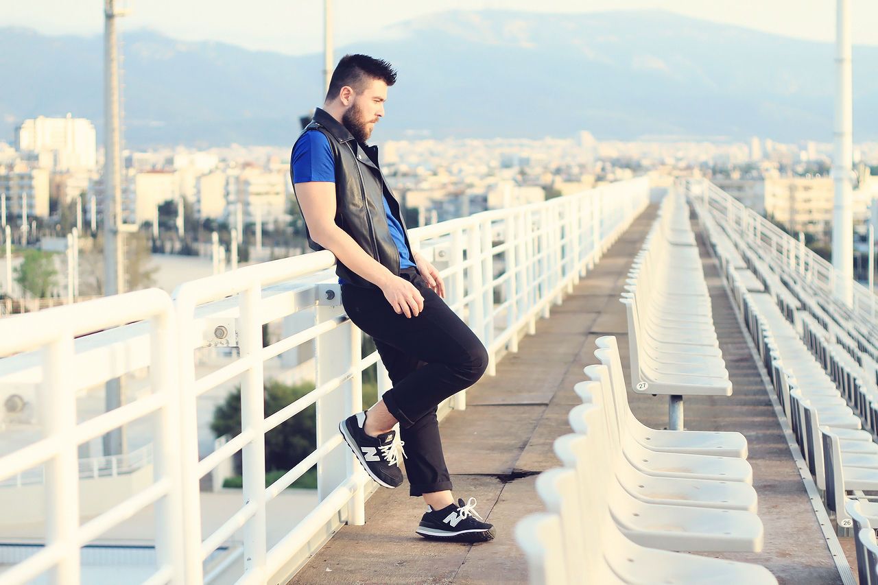 man, fashion, street style, mens fashion, blogger, lookbook, summer 2014, leather vest, blue T-shirt, black pants, new balance, asos, topman, zara 8