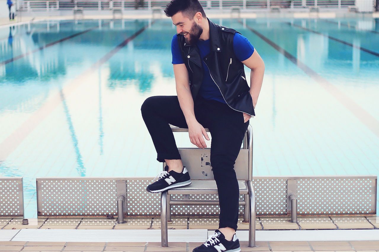 man, fashion, street style, mens fashion, blogger, lookbook, summer 2014, leather vest, blue T-shirt, black pants, new balance, asos, topman, zara
