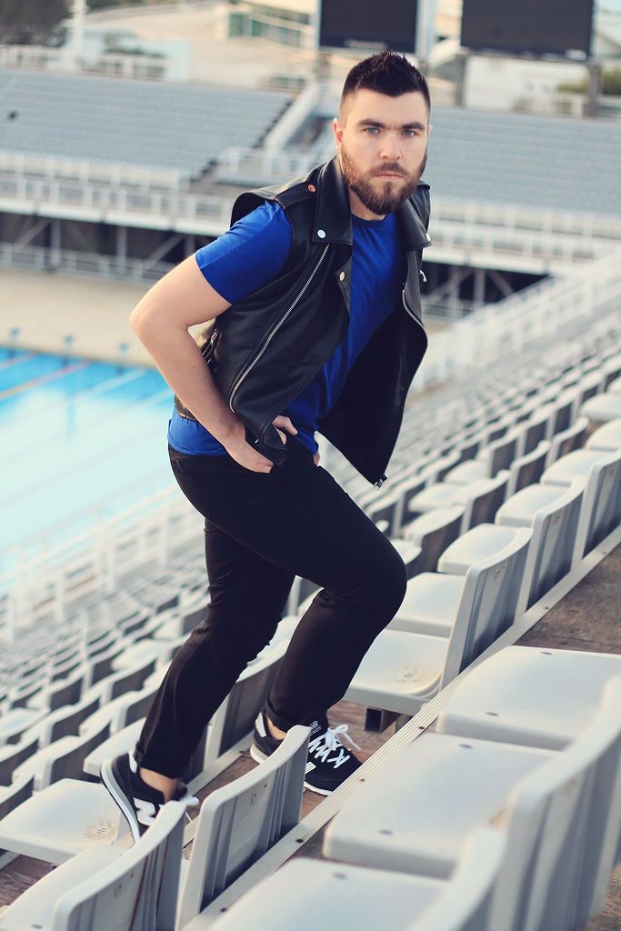 man, fashion, street style, mens fashion, blogger, lookbook, summer 2014, leather vest, blue T-shirt, black pants, new balance, asos, topman, zara4