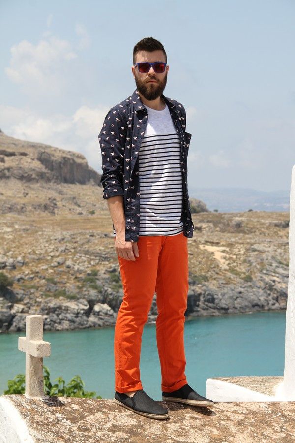 street style, mens style, new , 2014, outfit, man, post, orange pants, mariniere, navy, intimissimi, blue shirt, espandrillies, cool artisan, Γαβριήλ Νικολαίδης