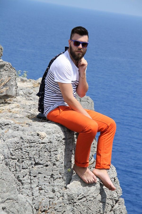 street style, mens style, new , 2014, outfit, man, post, orange pants, mariniere, navy, intimissimi, blue shirt, espandrillies, cool artisan, Γαβριήλ Νικολαίδης