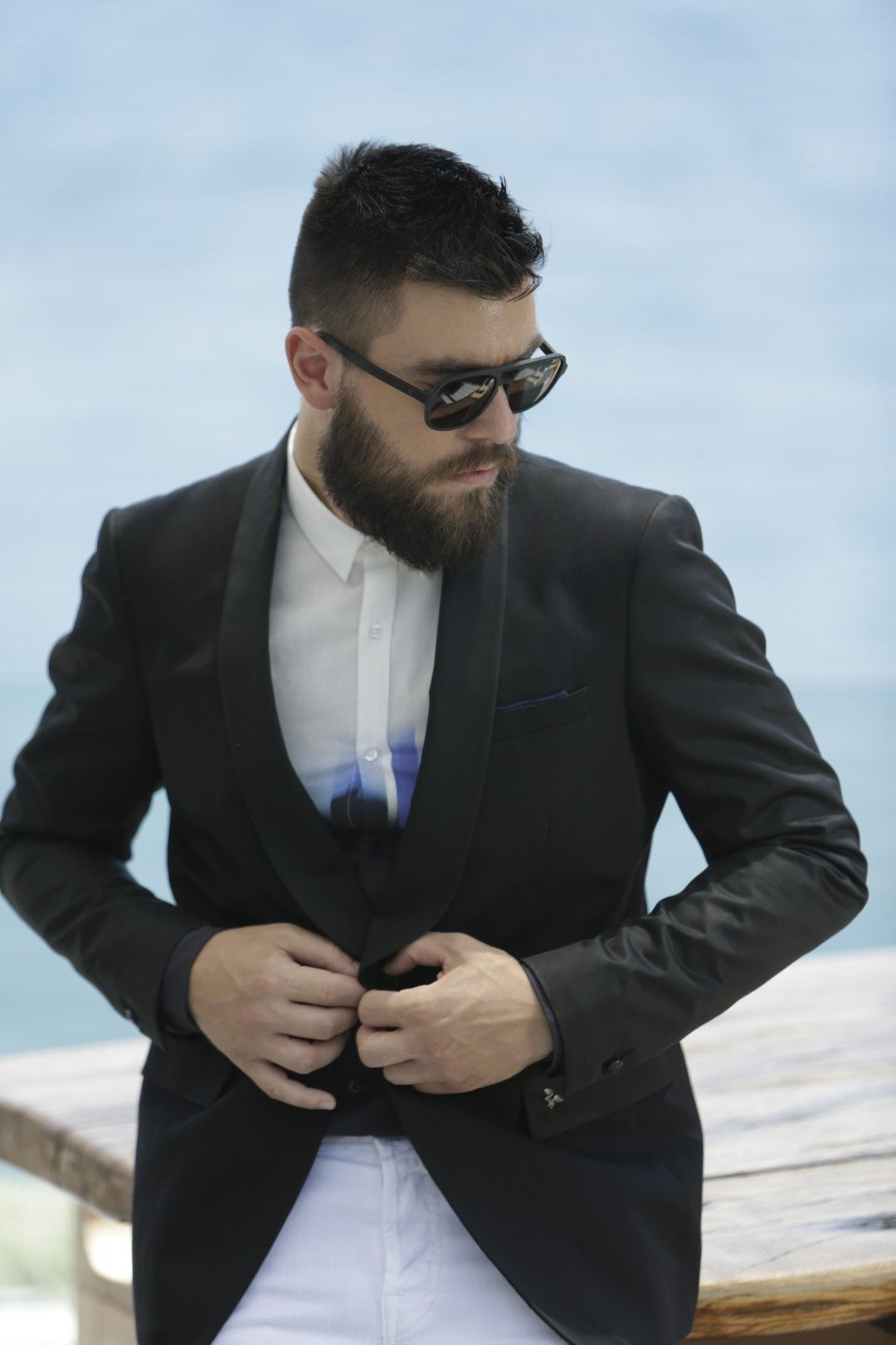 street style, man fashion blog, fashion blogger, white jeans, black blazer, black and white suit, adidas shoes, dihital print shirt, guy blogger 