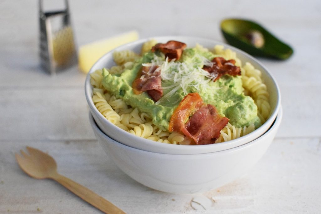 Avocado Carbonara Pasta Recipe, food styling, healthy, bacon, parmesan cheese, saveur mag, eat on white, cool artisan, food blog, best, awards 3
