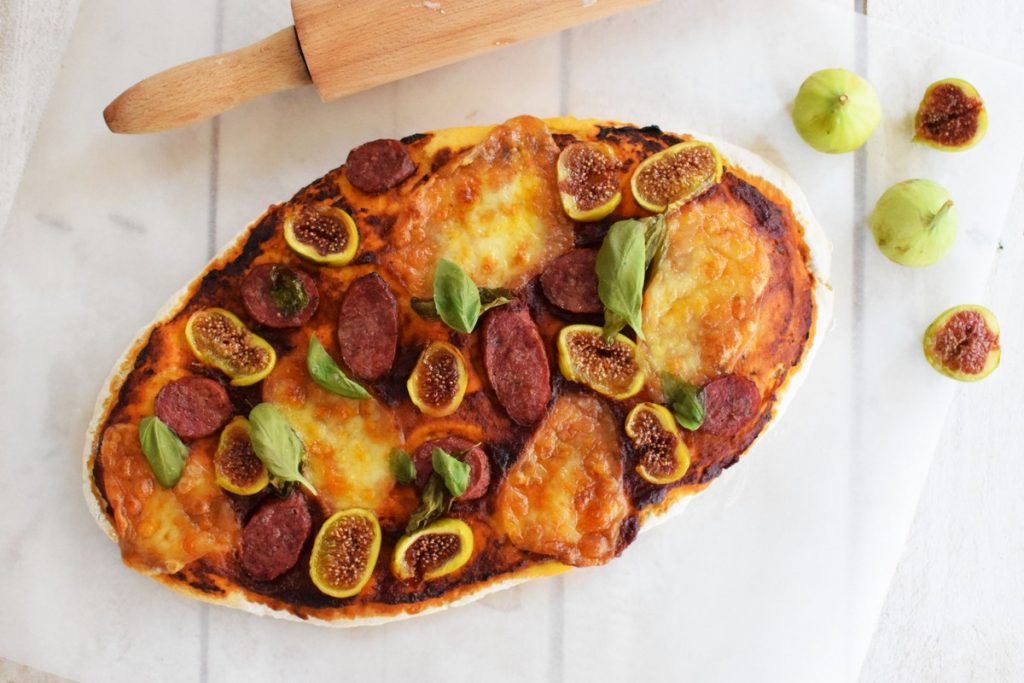 fig and sausage pizza, recipe, cool artisan, gabriel nikolaidis, food styling, saveur mag, food blog, homemade dough, mozzarela, basil, tomato sauce