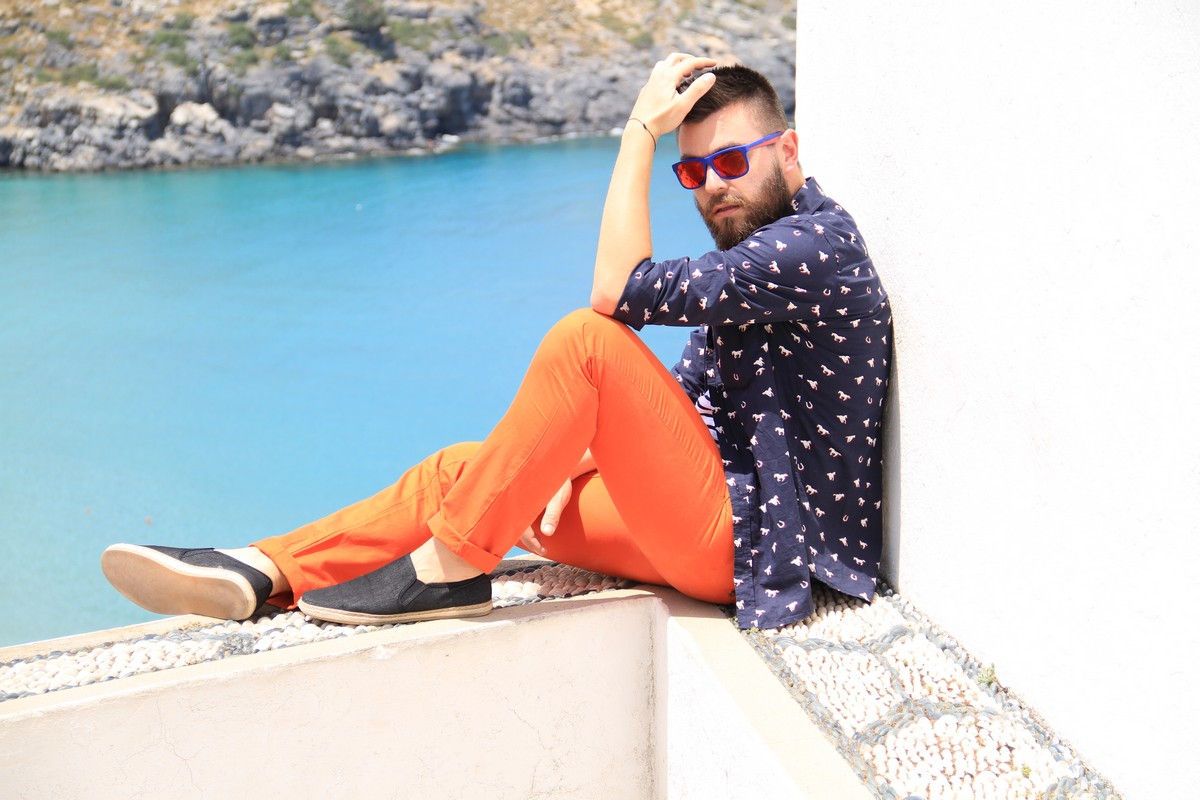 street style, mens style, new , 2014, outfit, man, post, orange pants, mariniere, navy, intimissimi, blue shirt, espandrillies, cool artisan, Γαβριήλ Νικολαίδης